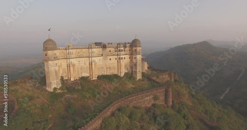 A fast panoramic aerial view of 15th Century Hill Fort of Kumbhalgarh in Rajasthan photo