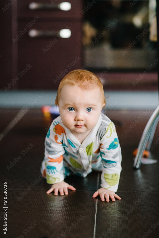 Baby boy crawling on the floor in nursery room at home. Baby health care and family concept. Baby boy crawling on the floor in nursery room at home. Baby health care and family concept.