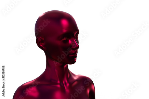 3D render portrait of a red bald woman on a white background.