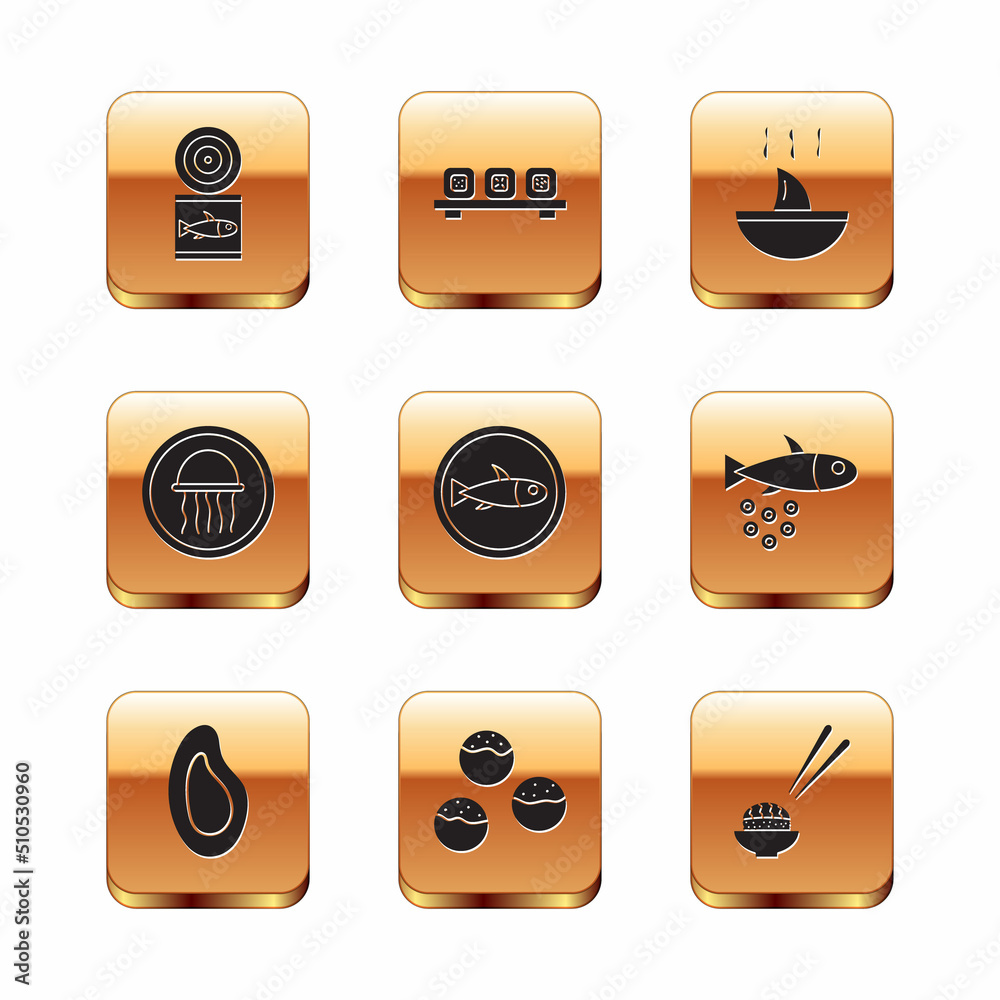Set Canned fish, Mussel, Takoyaki, Served on plate, Jellyfish, Shark fin soup, Sushi and cutting board icon. Vector