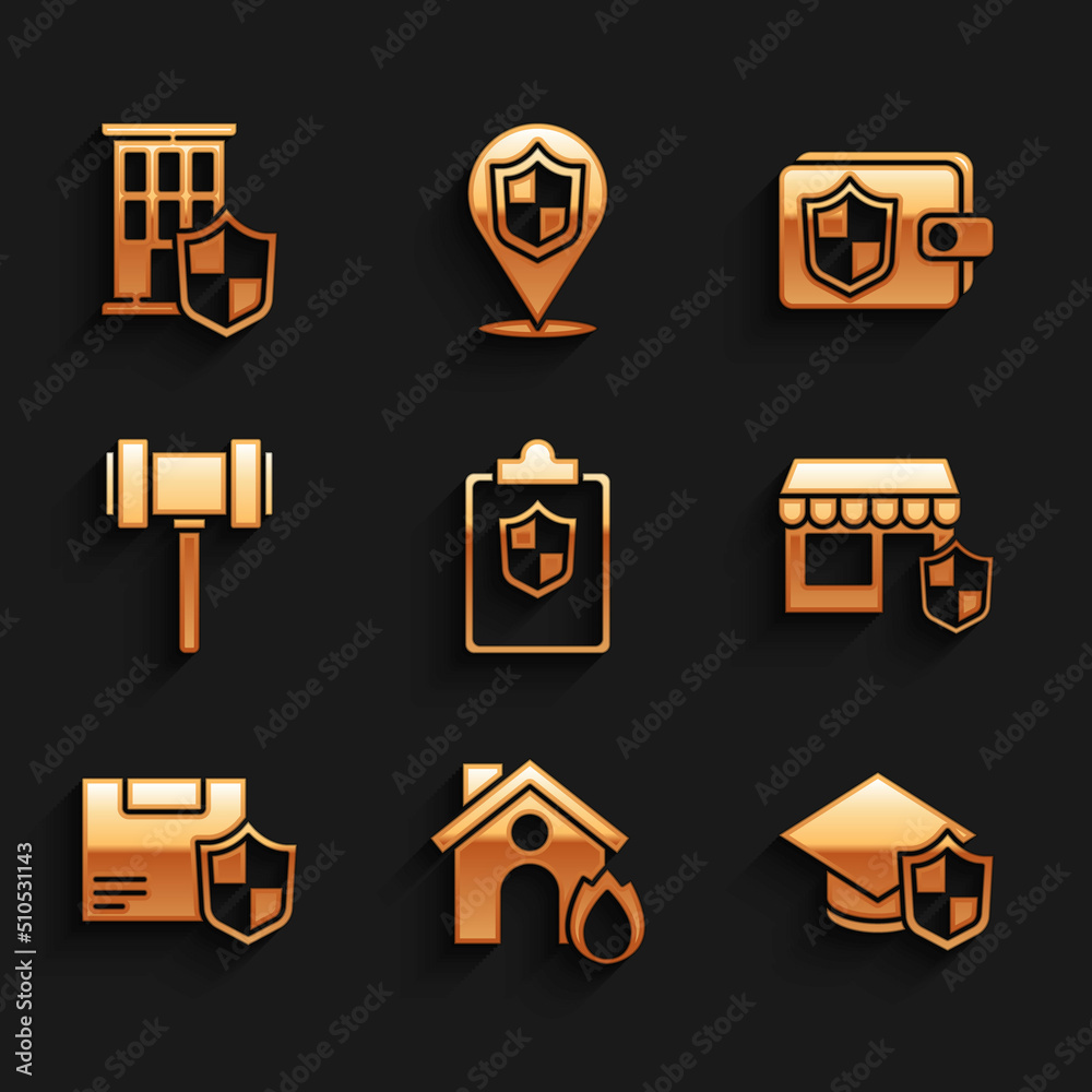 Set Document with shield, Fire in burning house, Graduation cap, Shopping building, Delivery security, Judge gavel, Wallet and House icon. Vector Set Document with shield, Fire in burning house, Graduation cap, Shopping building, Delivery security, Judge gavel, Wallet and House icon. Vector