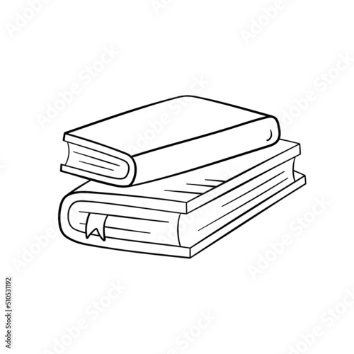 Book in doodle style, vector illustration. Icon of book stack with ribbon for print and design. Isolated element on a white background. Back to school concept, hand drawn graphic sketch.