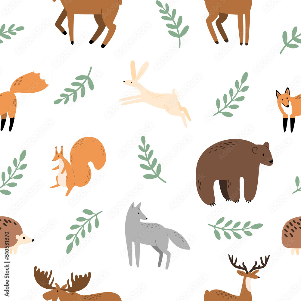 Obraz premium woodland animals seamless pattern, forest digital paper, vector cute nursery background clipart, moose, elk, fox, deer, wolf, hare, rabbit, hedgehog, squirrel, bear