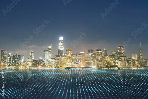 Photography Wireless connection, IOT and smart city concept with abstract digital dotted waves cover river on night illuminated city skyline background