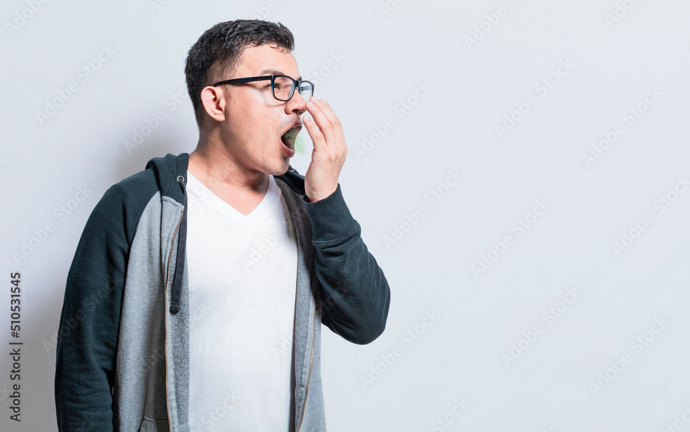 Handsome man with bad breath and halitosis problem, People with bad breath problem, Concept of person with halitosis and bad breath - obrazy, fototapety, plakaty 