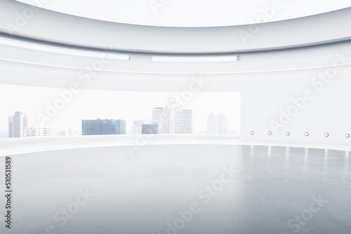 Bright open ceiling with sky view gallery interior with concrete flooring. Art and exhibition design concept. 3D Rendering.