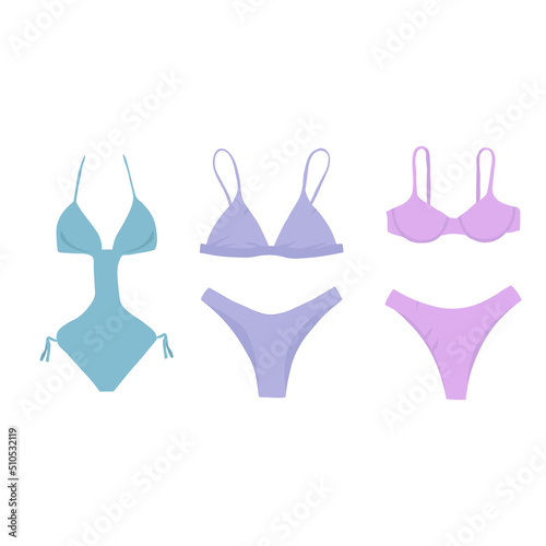 Set of vector illustrations with swimsuits in purple shades