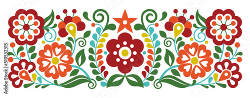 Mexican embroidery style vector floral pattern, ornament inspired by folk art from Mexico, traditional craft vibrant background in red, yellow and green
 Print