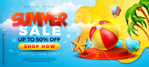 Summer Sale Design with with Stage Podium, Palm Tree and Beach Ball on Abstract Sun Yellow Background. Tropical Business Vector Illustration with Special Offer Typography for Coupon, Voucher, Banner