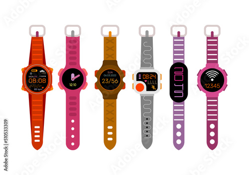 Six colored objects isolated on a white background Smartwatches vector illustration. Set of different smartwatch design elements. Usable as design elements for generated NFT collection. Layered ESP10.