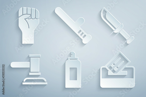 Set Paint spray can, Military knife, Judge gavel, Vote box, Police rubber baton and Raised hand with clenched fist icon. Vector