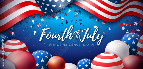 4th of July Independence Day of the USA Vector Illustration with American Flag and Party Balloon and Typography Letter on Blue Background. Fourth of July National Celebration Design for Banner