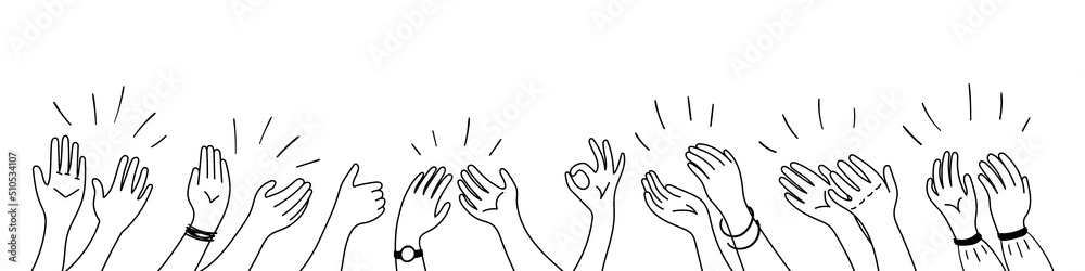 Applause hands set on doodle style. Human hands sketch, scribble arms wave clapping on white background, thumb up gesture silhouette, vector illustration