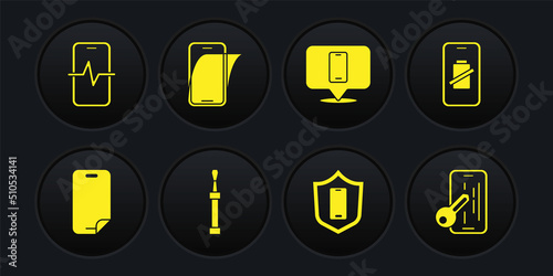 Set Glass screen protector, Smartphone battery charge, Screwdriver, Mobile with shield, Phone repair service, and icon. Vector