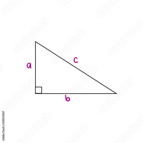 Handwritten right triangle interpreting the Pythagorean theorem. Two right sides and one hypotenuse of a right triangle. Pythagorean theorem or vector illustration a2+b2=c2