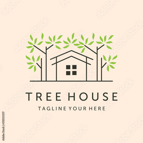 tree house with green leaf line logo vector symbol illustration design
