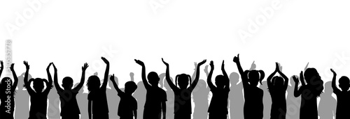 Cheerful crowd of children. Silhouettes of saluting, applauding, thumb up.  Vector illustration photo