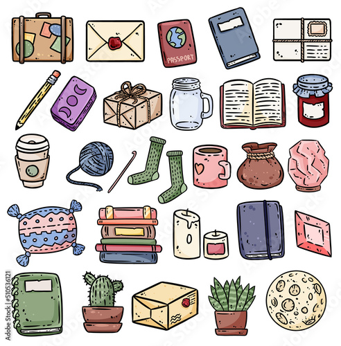 Set of cute cartoon media icons. Comic style graphic symbols. Hipster emblems for social media, planners, stationary, web design. Vector stock outline logo set
