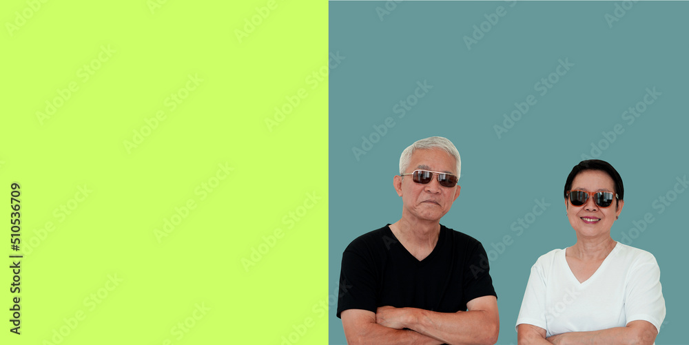 Fototapeta premium Asian senior elderly couple happy smile expression with sunglasses copy space isolated