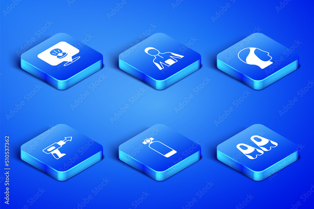 Set Flippers for swimming, Scallop sea shell, Aqualung, Fishing harpoon, Wetsuit scuba diving and Diving hood icon. Vector Set Flippers for swimming, Scallop sea shell, Aqualung, Fishing harpoon, Wetsuit scuba diving and Diving hood icon. Vector