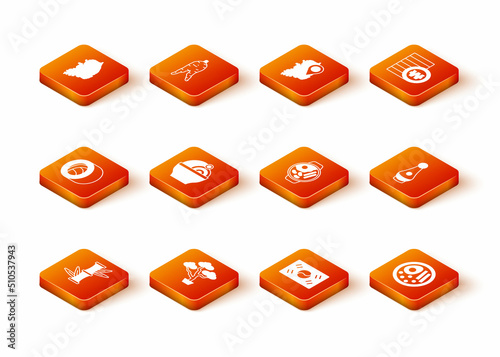Set Bamboo, Bonsai tree, Sushi, Ramen, South Korea flag, and Soju bottle icon. Vector