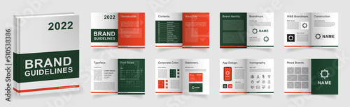 Dark Green Brand Guidelines template. Brand Manual presentation in A4 size. Green Logo Guideline mockup. Logo Guide Book layout