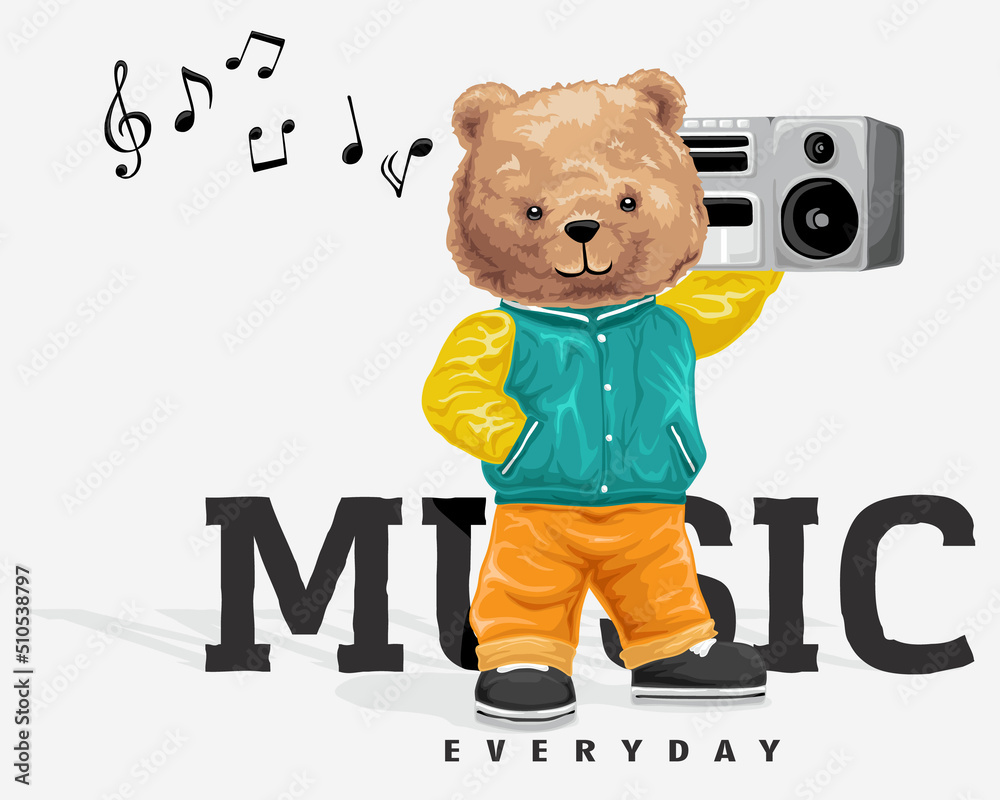 vector illustration of bear doll in hip hop style fashion carrying tape  recorder on its shoulders Stock ベクター | Adobe Stock