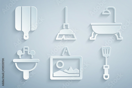 Set Picture, Bathtub, Washbasin, Spatula, Handle broom and Cutting board icon. Vector