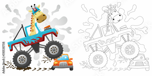 Hand drawn cartoon of giraffe on monster truck crushing small vehicles  coloring book