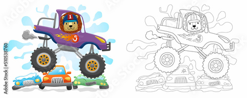 Hand drawn cartoon of lion on monster truck crushing small vehicles, coloring book