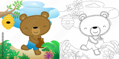 Cute bear cartoon holding honey jar in forest