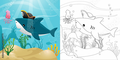 Funny shark cartoon wearing pirate hat with squid underwater, coloring book or page