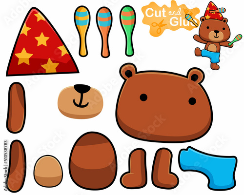 Vector illustration of cartoon bear in circus show. Cutout and gluing