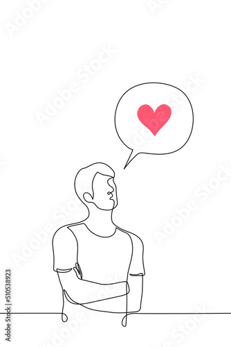 man dreams of love or craves for likes in social networks - one line drawing vector. man with a speech bubble inside which is a pink heart. concept think about love and romantic feelings