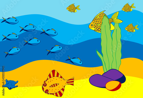 Hand Drawn Fish Illustration. Underwater World Panorama. Marine Life Landscapes with Fish, Stone and Seaweed.