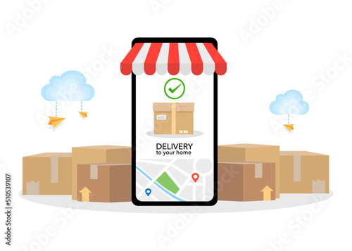 Online delivery app for parcel, package. Fast shipping service on mobile. Order tracking with map on phone screen. Ship around the world to home. Delivered success. Flat vector illustration.