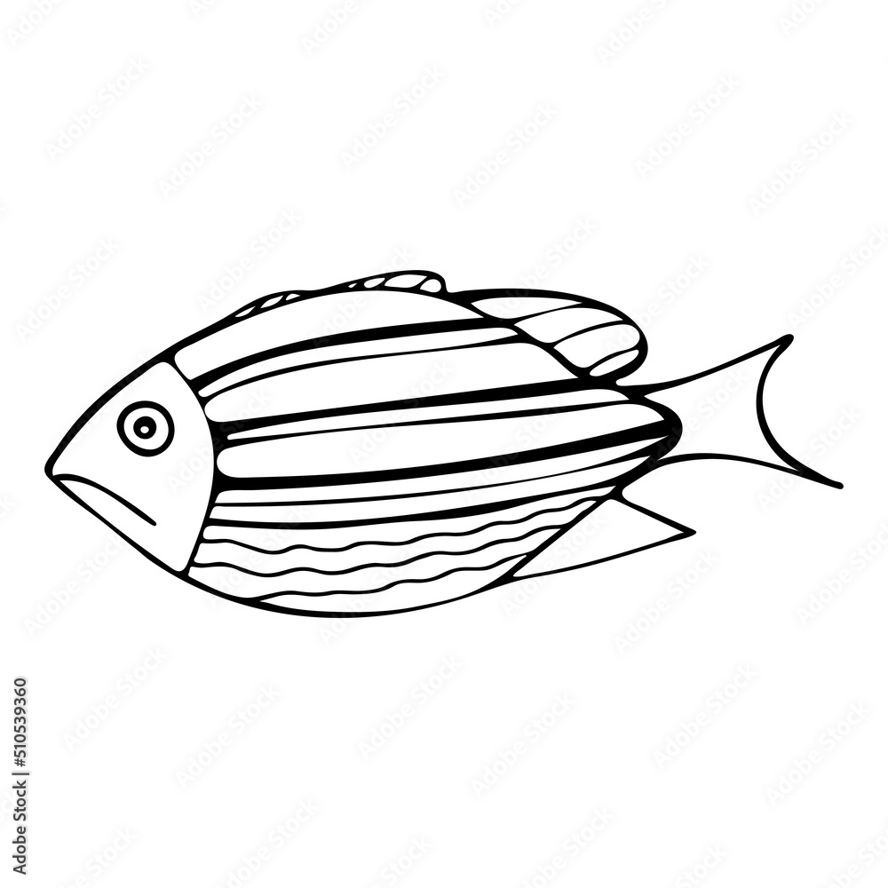 Black and White Fish Coloring Page, Hand drawn black and white sea doodle sketch illustration. Fish Coloring Book for Kids.