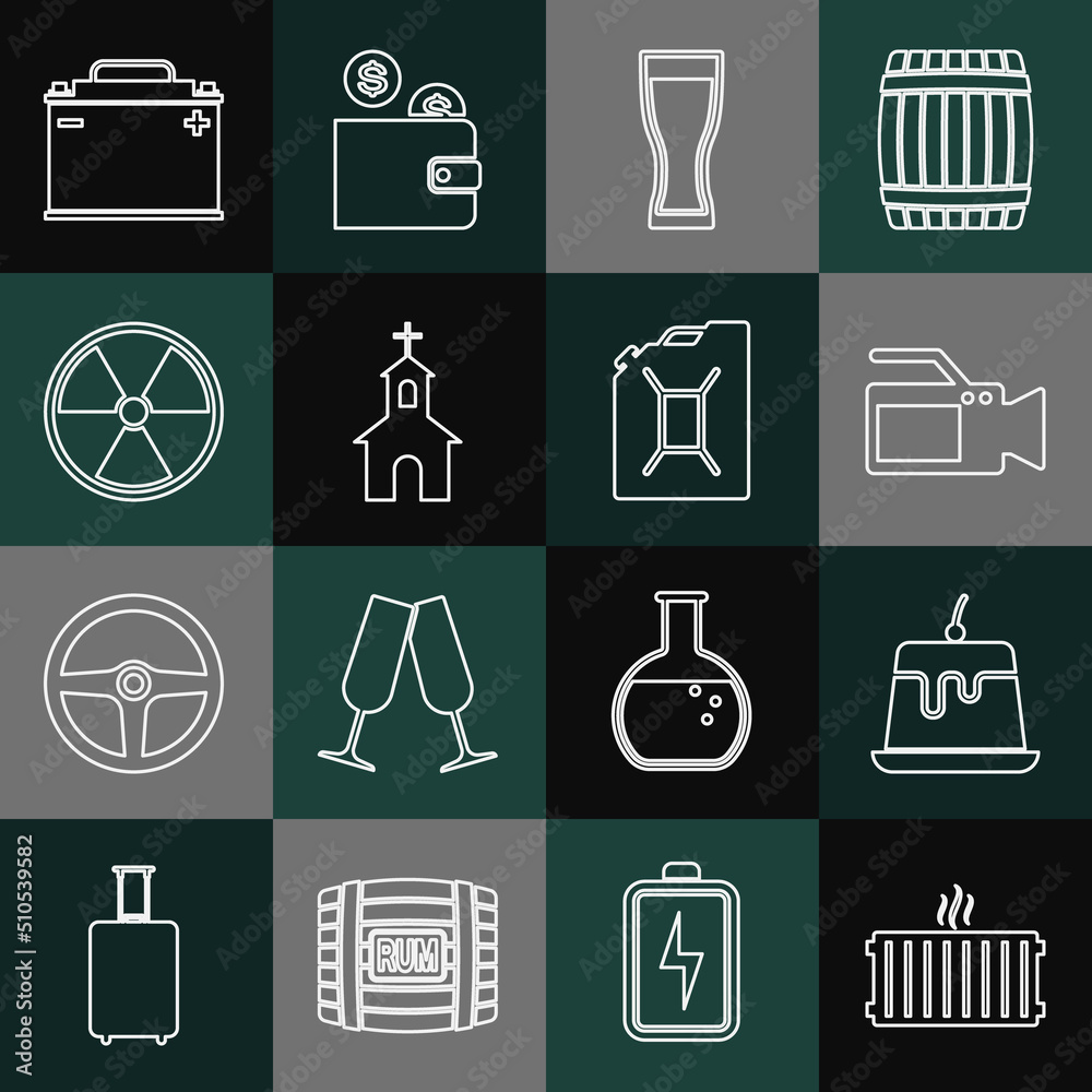 Set line Heating radiator, Pudding custard, Cinema camera, Glass of beer, Church building, Radioactive, Car battery and Canister for gasoline icon. Vector Set line Heating radiator, Pudding custard, Cinema camera, Glass of beer, Church building, Radioactive, Car battery and Canister for gasoline icon. Vector