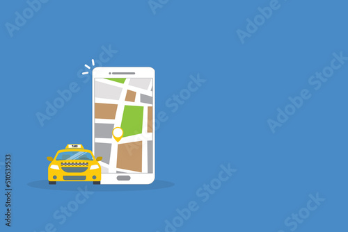Taxi online service on mobile application with yellow taxicab and location. Get a taxi. Concept for order taxi service.	