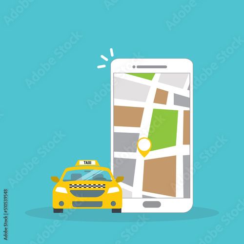 Taxi online service on mobile application with yellow taxicab and location. Get a taxi. Concept for order taxi service.	