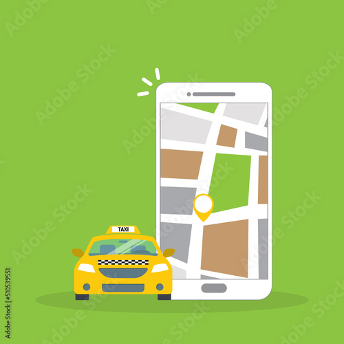 Taxi online service on mobile application with yellow taxicab and location. Get a taxi. Concept for order taxi service.	