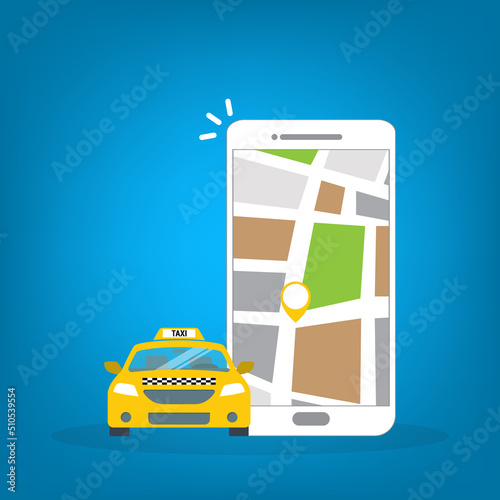 Taxi online service on mobile application with yellow taxicab and location. Get a taxi. Concept for order taxi service.	