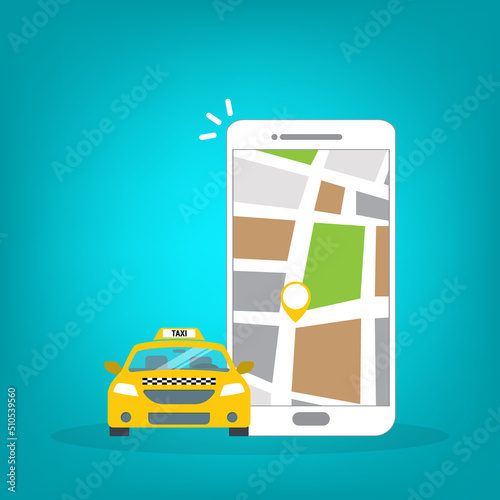 Taxi online service on mobile application with yellow taxicab and location. Get a taxi. Concept for order taxi service.	