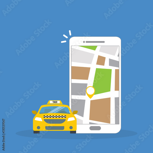 Taxi online service on mobile application with yellow taxicab and location. Get a taxi. Concept for order taxi service.	