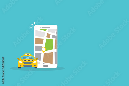 Taxi online service on mobile application with yellow taxicab and location. Get a taxi. Concept for order taxi service.	