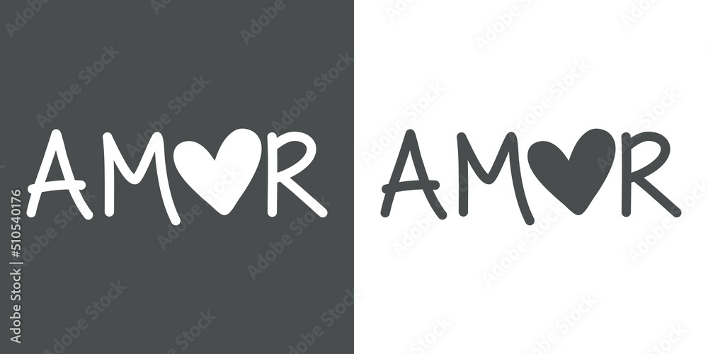 Banner con texto manuscrito Amor en español. Logo para día de san Valentín. Vector con fuente en fondo gris y fondo blanco 