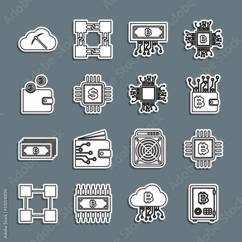 Set line Proof of stake, CPU mining farm, Cryptocurrency wallet, bitcoin with circuit, Processor chip dollar, cloud and icon. Vector