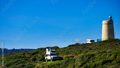 Caravan on spanish coast, Gibraltar rock on horizon