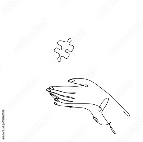 continuous drawing of women's hands and a minimalistic puzzle, business development concept
