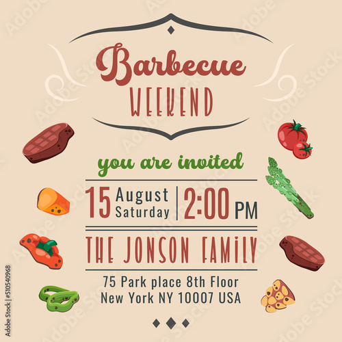 Barbecue party invitation. BBQ invite template. Summer barbecue picnic. Bbq background with grill, steaks, meat food, grilled vegetables. Vector cartoon illustration